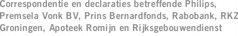 Correspondentie en declaraties betreffende Philips, Premsela Vonk BV, Prins Bernardfonds, Rabobank, RKZ Groningen, Apoteek Romijn en Rijksgebouwendienst