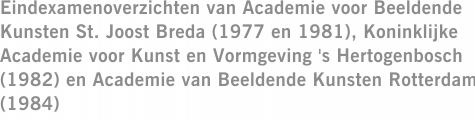 Eindexamenoverzichten van Academie voor Beeldende Kunsten St. Joost Breda (1977 en 1981), Koninklijke Academie voor Kunst en Vormgeving 's Hertogenbosch (1982) en Academie van Beeldende Kunsten Rotterdam (1984)