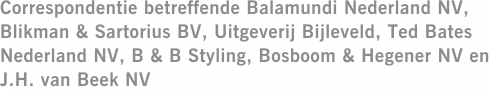 Correspondentie betreffende Balamundi Nederland NV, Blikman & Sartorius BV, Uitgeverij Bijleveld, Ted Bates Nederland NV, B & B Styling, Bosboom & Hegener NV en J.H. van Beek NV