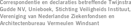 Correspondentie en declaraties betreffende Twijnstra Gudde NV, Unieboek, Stichting Veiligheids Instituut, Vereniging van Nederlandse Ziekenfondsen en Architectenbureau Vermeulen Windsant