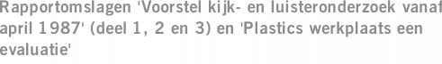 Rapportomslagen 'Voorstel kijk- en luisteronderzoek vanaf april 1987' (deel 1, 2 en 3) en 'Plastics werkplaats een evaluatie'